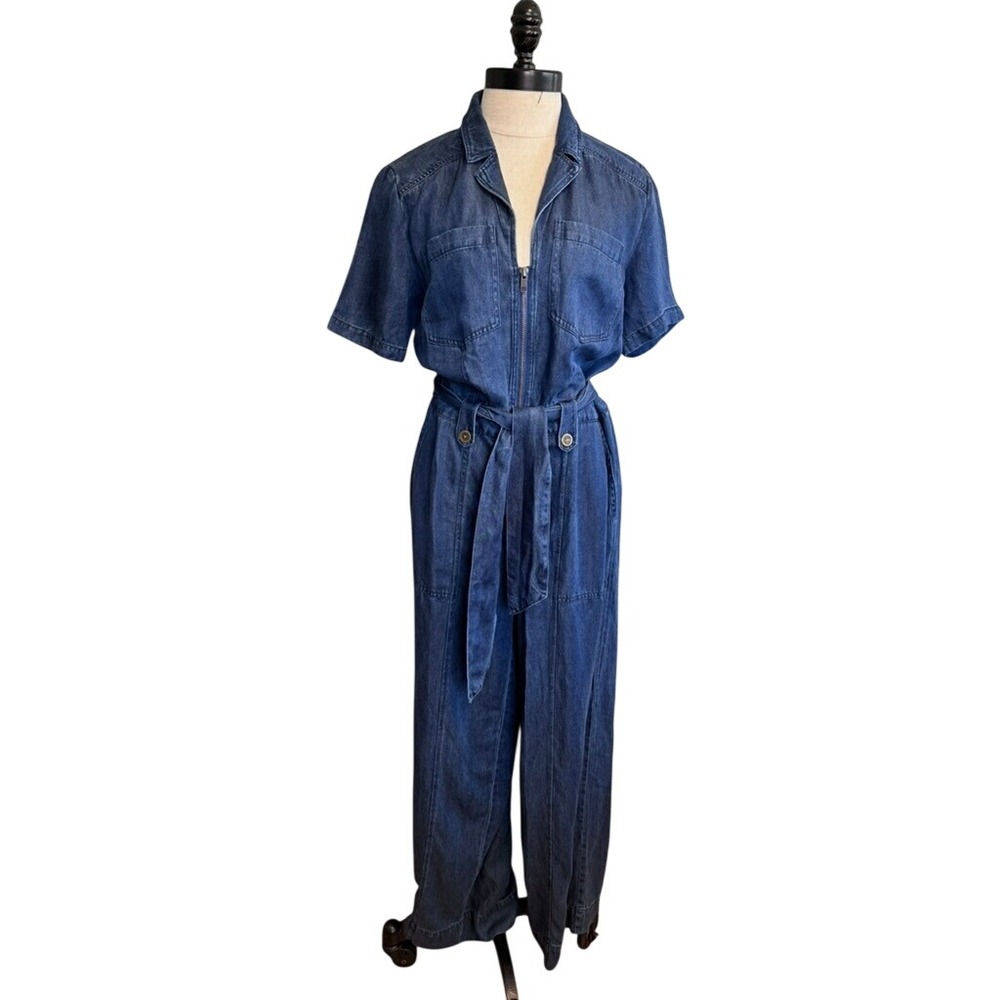 Central Park West Small Holland Jumpsuit Short Sleeve Blue Wide Leg Soft Denim